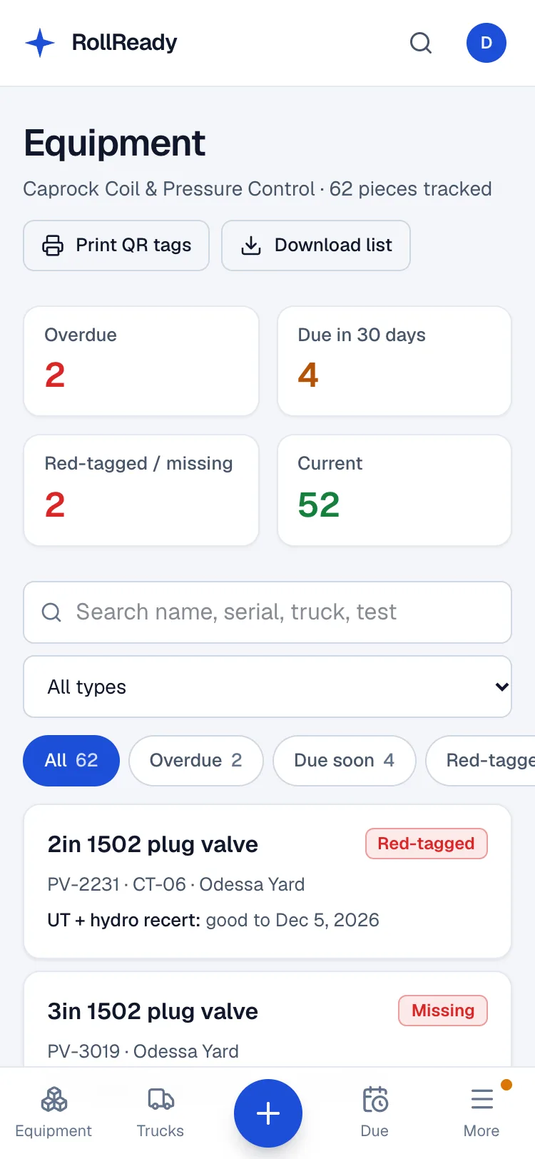 RollReady on a phone: the equipment list with a red-tagged plug valve on top